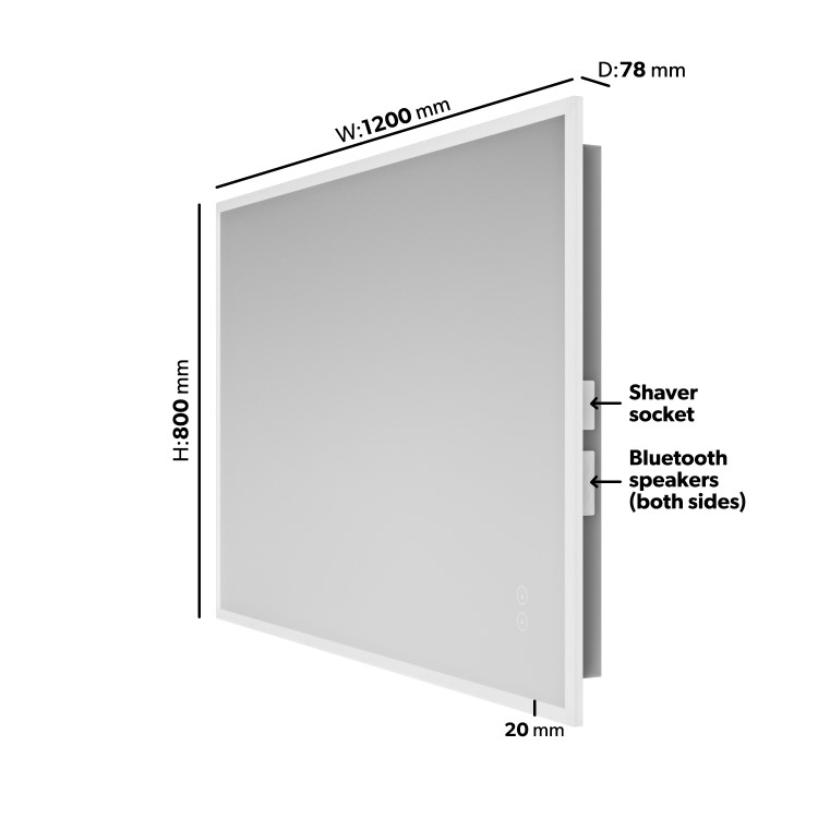 Rectangular Heated Bathroom Mirror with Lights Shaver Socket & Bluetooth Speaker 1200 x 800mm - Divine