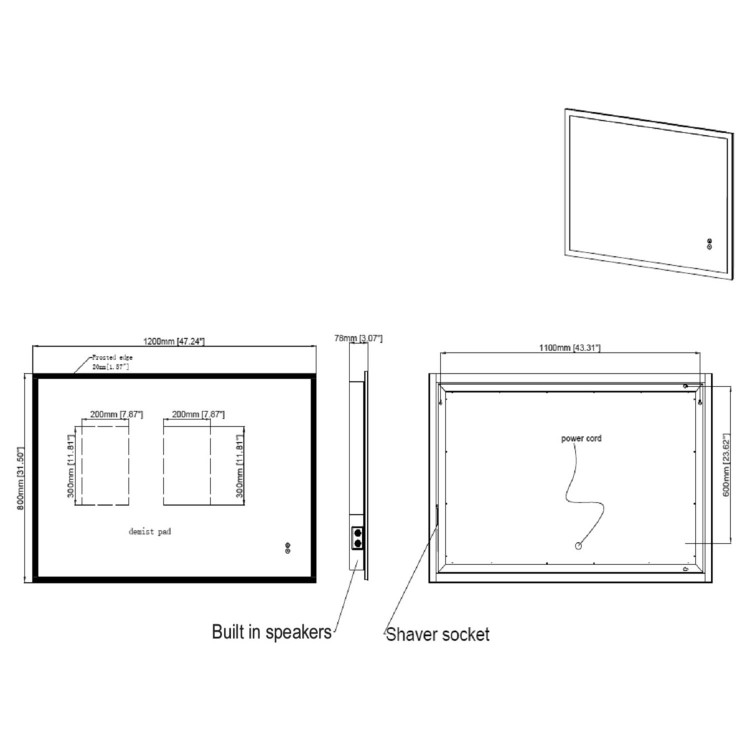 Rectangular Heated Bathroom Mirror with Lights Shaver Socket & Bluetooth Speaker 1200 x 800mm - Divine