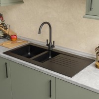 GRADE A1 - 1.5 Bowl Black Composite Kitchen Sink with Reversible Drainer - Essence Amelia