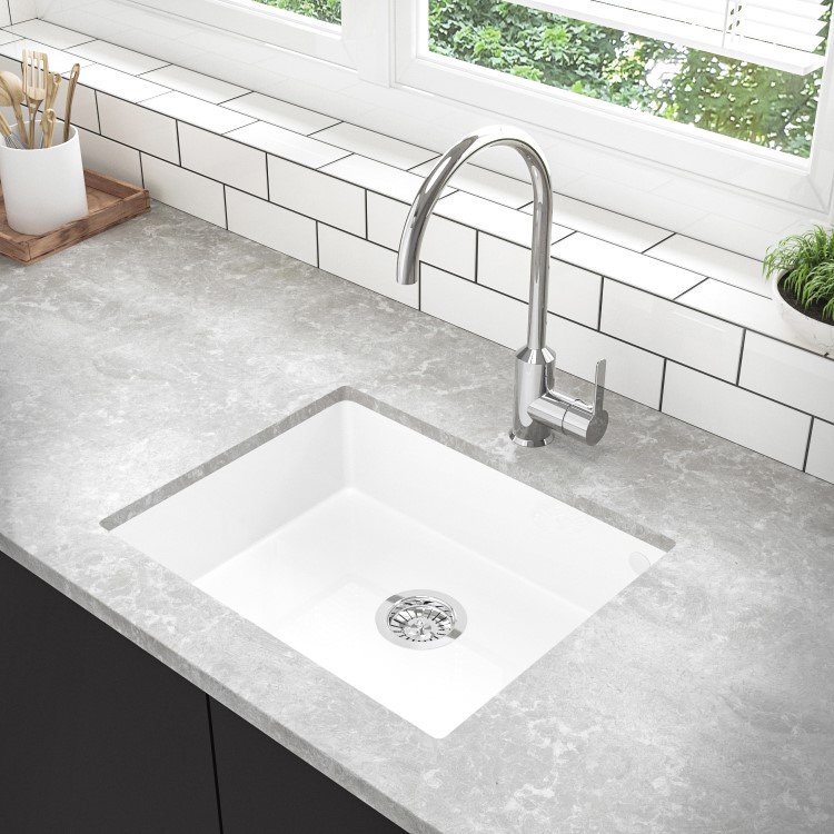 GRADE A2 - Single Bowl Undermount White Granite Composite Kitchen Sink - Enza Madison