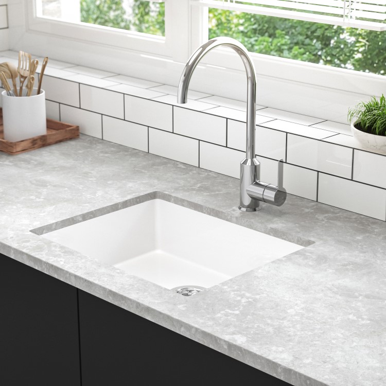 GRADE A2 - Single Bowl Undermount White Granite Composite Kitchen Sink - Enza Madison