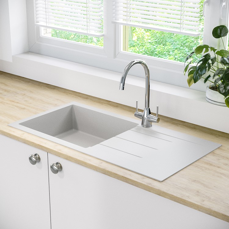 Single Bowl Inset White Granite Composite Kitchen Sink - Enza Madison