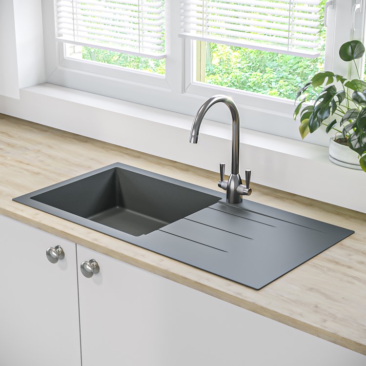 GRADE A2 - Single Bowl Grey Composite Granite Kitchen Sink with Reversible Drainer - Enza Madison