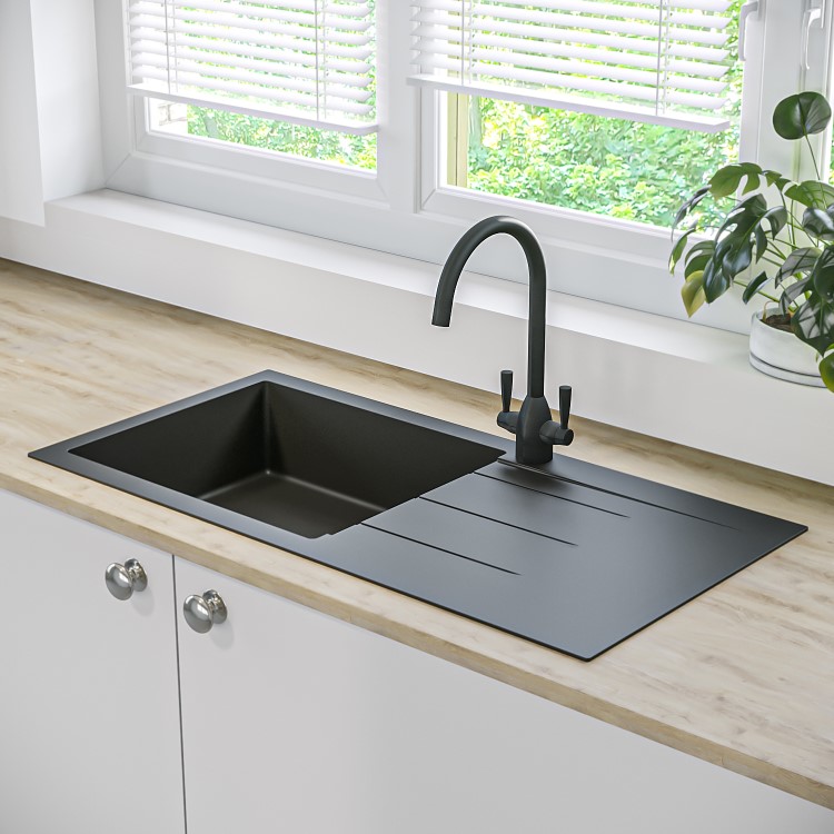 Single Bowl Inset Black Granite Composite Kitchen Sink with Reversible Drainer - Enza Madison