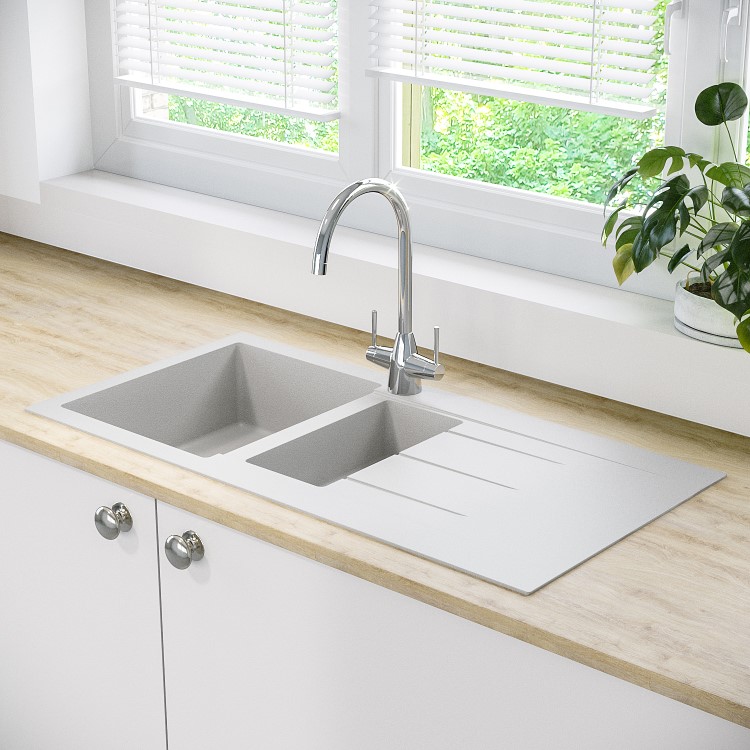 1.5 Bowl Inset White Composite Kitchen Sink with Reversible Drainer - Enza Madison