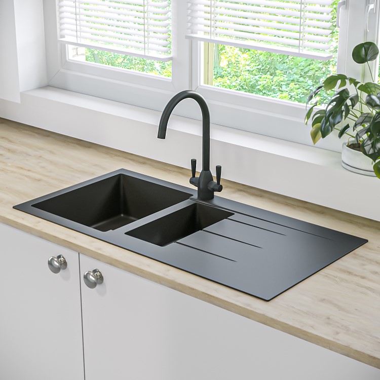 GRADE A1 - 1.5 Bowl Inset Black Composite Kitchen Sink with Reversible Drainer - Enza Madison