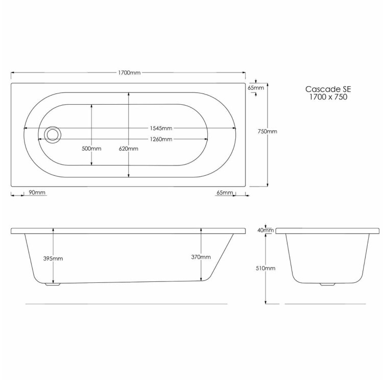 Single Ended Whirlpool Spa Bath with 6 Whirlpool Jets 1700 x 750mm - Alton