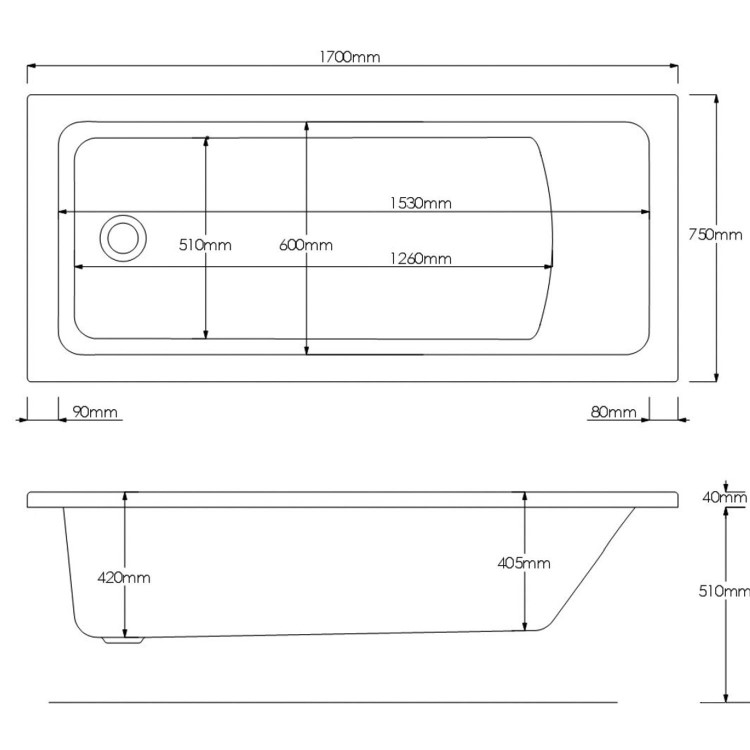 Single Ended Whirlpool Spa Bath with 14 Whirlpool Jets 1700 x 750mm - Rutland