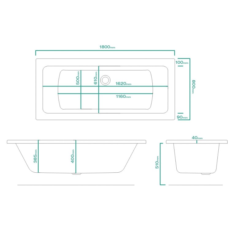 Double Ended Whirlpool Spa Bath with 14 Whirlpool & 12 Airspa Jets 1800 x 800mm - Chiltern