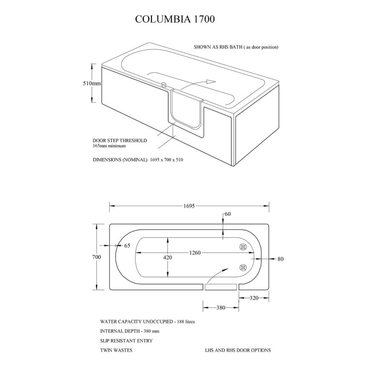 Left Hand Walk In Bath 1695mm - Columbia