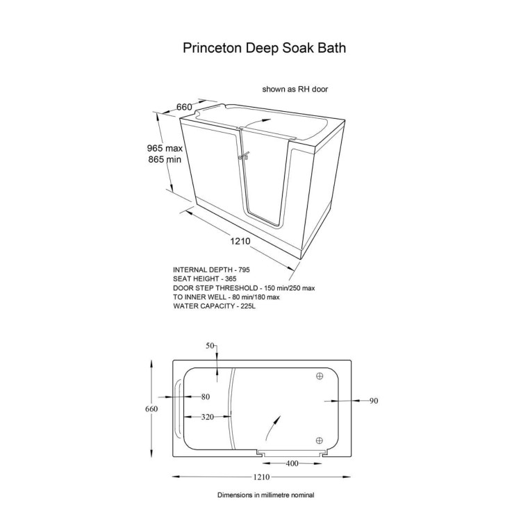 Small Deep Walk In Bath Left Hand with Front Panel & Integrated Seat 1210 x 660mm - Princeton