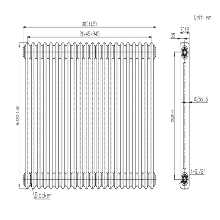 White Horizontal 2 Column Traditional Radiator 600 x 1010mm - Nambi