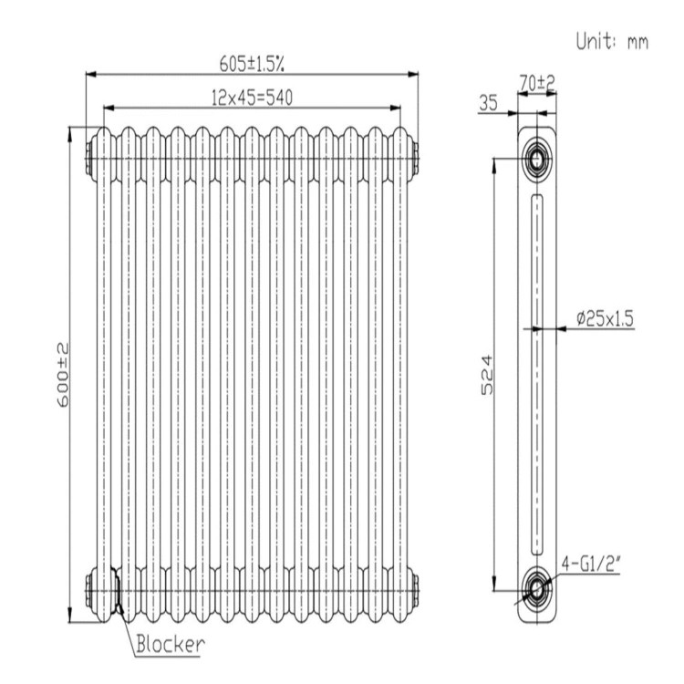 Anthracite Horizontal 2 Column Traditional Radiator 600 x 605mm - Nambi