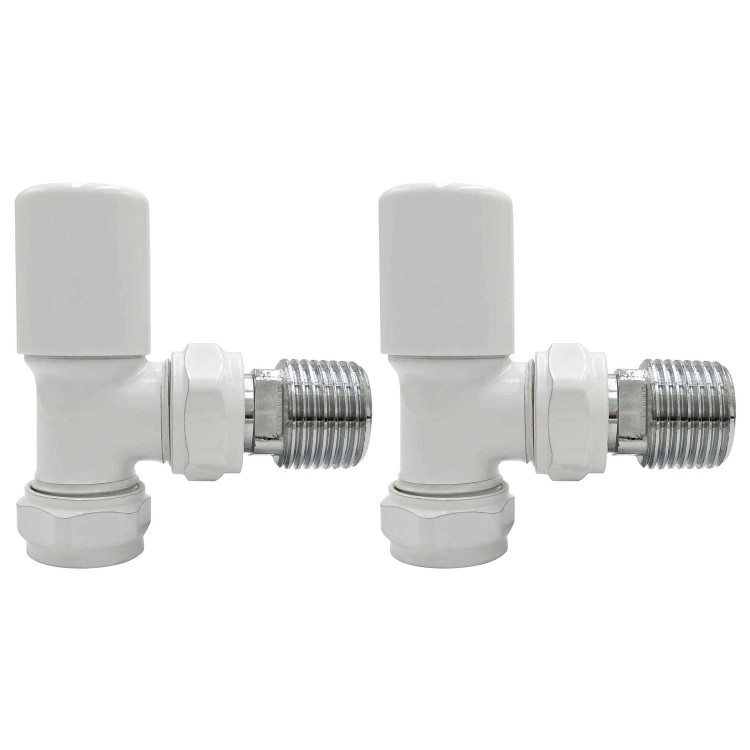 White Round Angled Radiator Valves - For Pipework Which Comes From The Wall