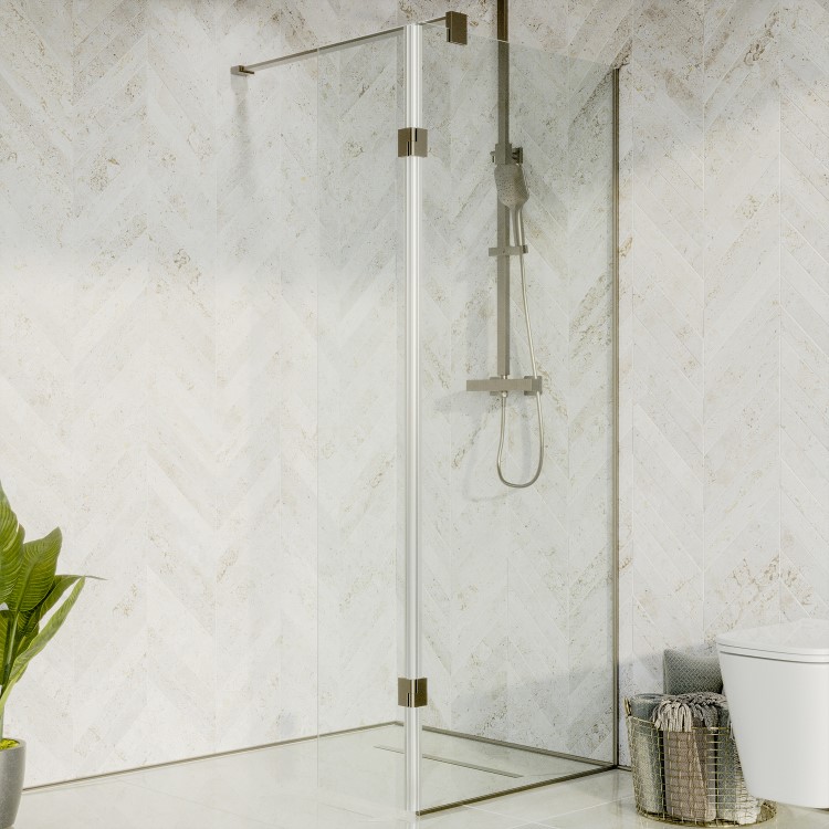 700mm Wet Room Shower Screen Nickel Frameless with 350mm Hinged Flipper Panel and Wall Support Bar - Live Your Colour