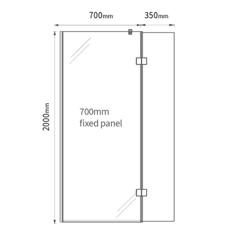 700mm Wet Room Shower Screen Nickel Frameless with 350mm Hinged Flipper Panel and Wall Support Bar - Live Your Colour