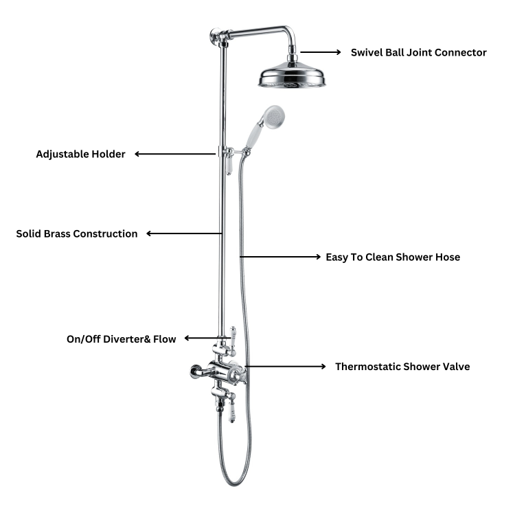 Chrome Traditional Thermostatic Mixer Shower Set with Slide Rail Kit & Hand Shower - Camden