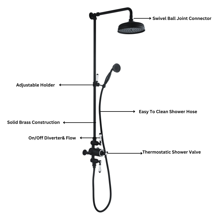 Black Traditional Thermostatic Mixer Shower Set with Slide Rail Kit & Hand Shower - Camden