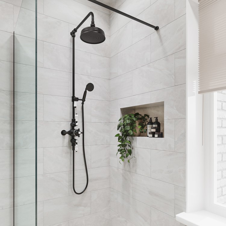 Black Traditional Thermostatic Mixer Shower Set with Slide Rail Kit & Hand Shower - Camden