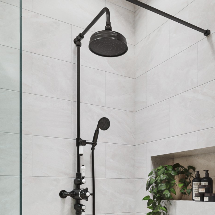 Black Traditional Thermostatic Mixer Shower Set with Slide Rail Kit & Hand Shower - Camden