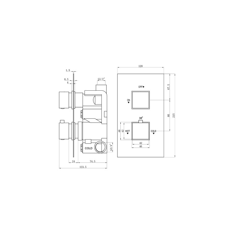 Chrome 1 Outlet Concealed Thermostatic Shower Valve with Dual Control - Cube