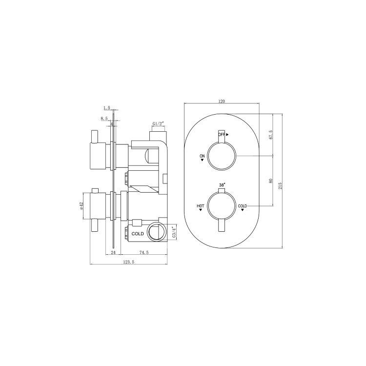 Chrome 1 Outlet Concealed Thermostatic Shower Valve with Dual Control - Flow