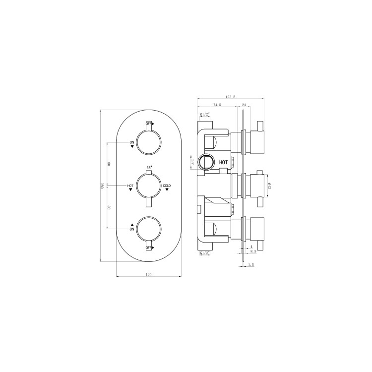 Chrome 2 Outlet Concealed Thermostatic Shower Valve with Triple Control - Flow