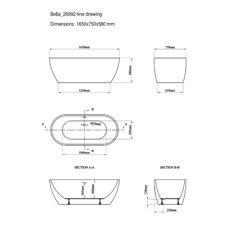 Black Freestanding Double Ended Bath 1650 x 750mm - Lisbon