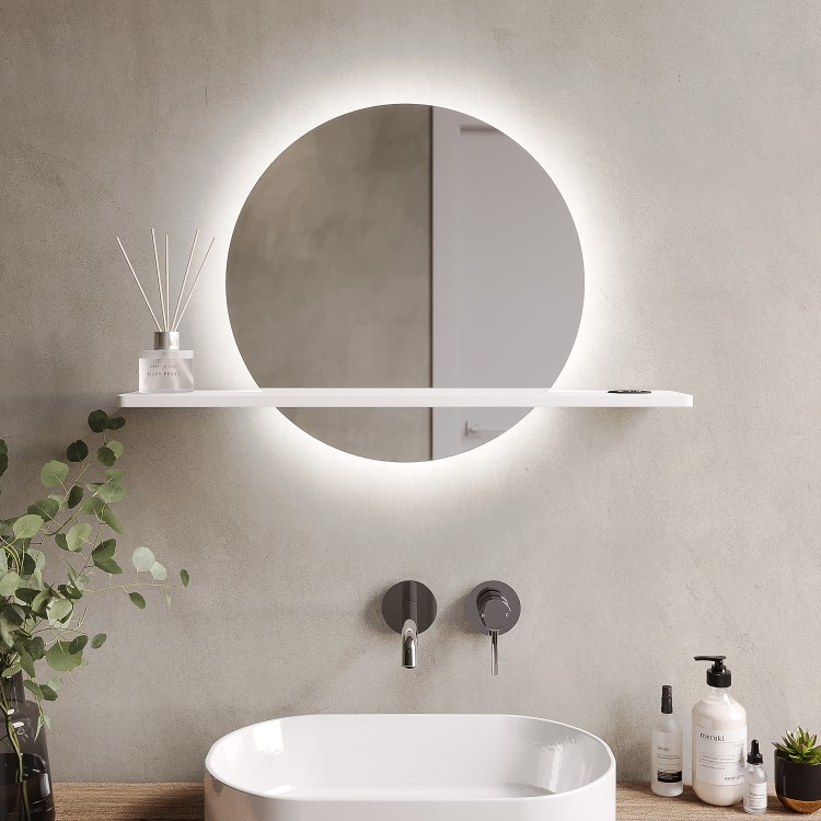 Round Backlit Heated Bathroom Mirror with Lights & White Shelf 500mm - Ersa