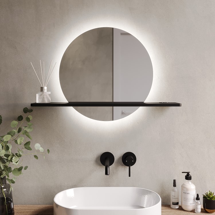 Round Backlit Heated Bathroom Mirror with Lights & Black Shelf 500mm - Ersa