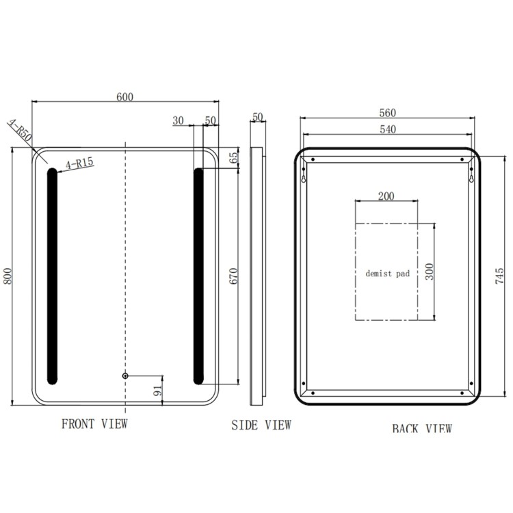 Rectangular Black Heated Bathroom Mirror with Lights 600 x 800mm - Lepus