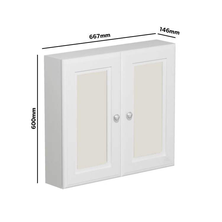 Double Door White Mirrored Bathroom Cabinet 667 x 600mm - Westbury