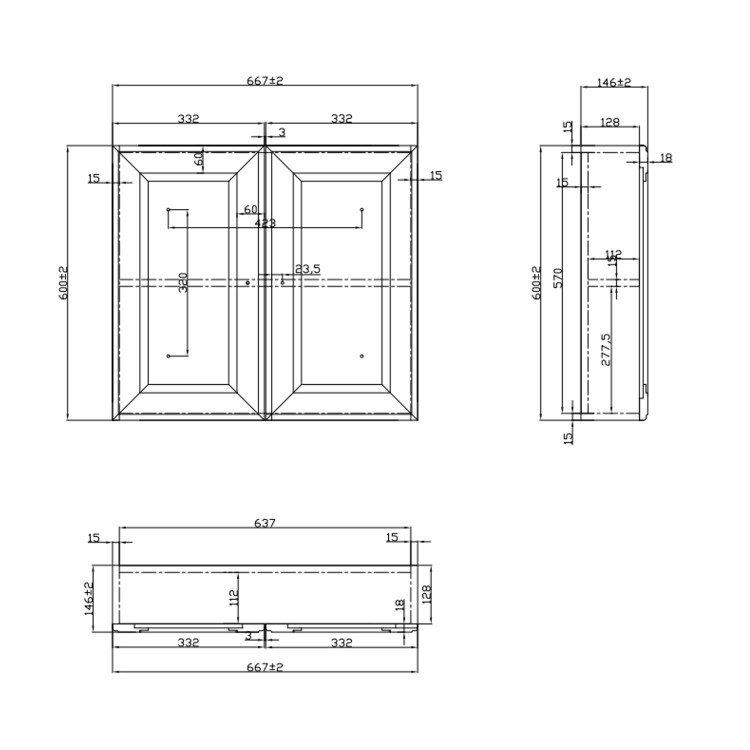 Double Door Dark Grey Mirrored Bathroom Cabinet 667 x 600mm - Westbury