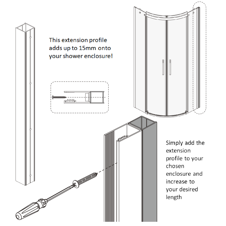 Chrome 15mm Extension Profile For 2000mm Shower Door