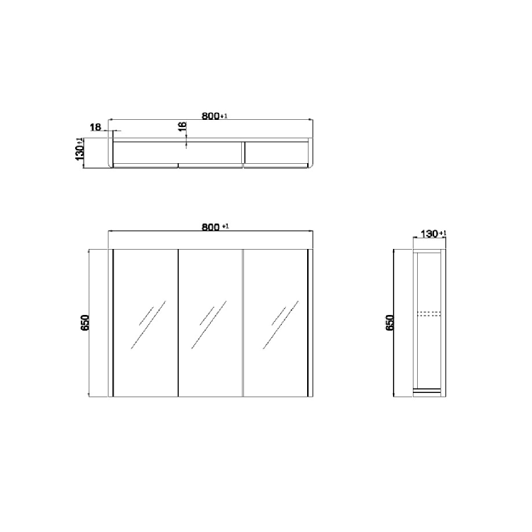 3 Door White Mirrored Bathroom Cabinet 800 x 650mm - Pendle