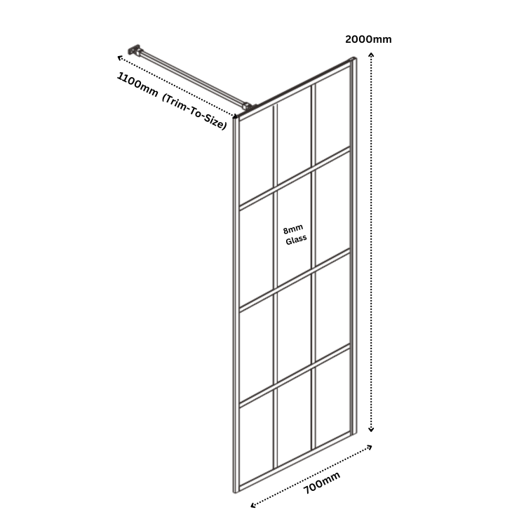 700mm Wet Room Shower Screen Black Grid Framework with Wall Support Bar - Nova