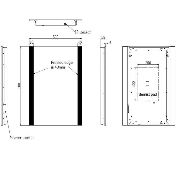 Rectangular Heated Bathroom Mirror with Lights & Shaver Socket 500 x 700mm -Pegasus