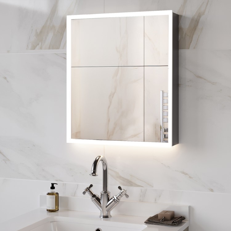 Double Door Chrome Mirrored Bathroom Cabinet with Lights, Bluetooth Speaker & Demister 600 x 700mm - Ursa