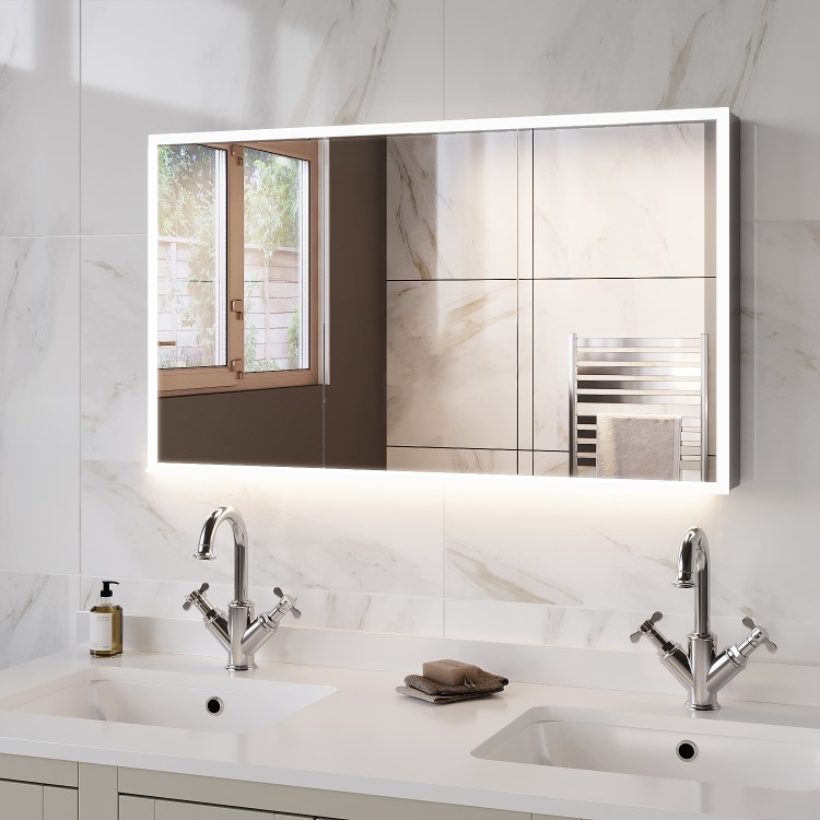 Double Door Chrome Mirrored Bathroom Cabinet with Lights, Bluetooth Speaker & Demister 1200 x 700mm - Ursa