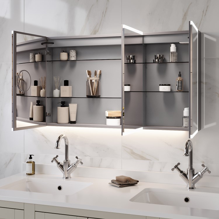 Double Door Chrome Mirrored Bathroom Cabinet with Lights, Bluetooth Speaker & Demister 1200 x 700mm - Ursa