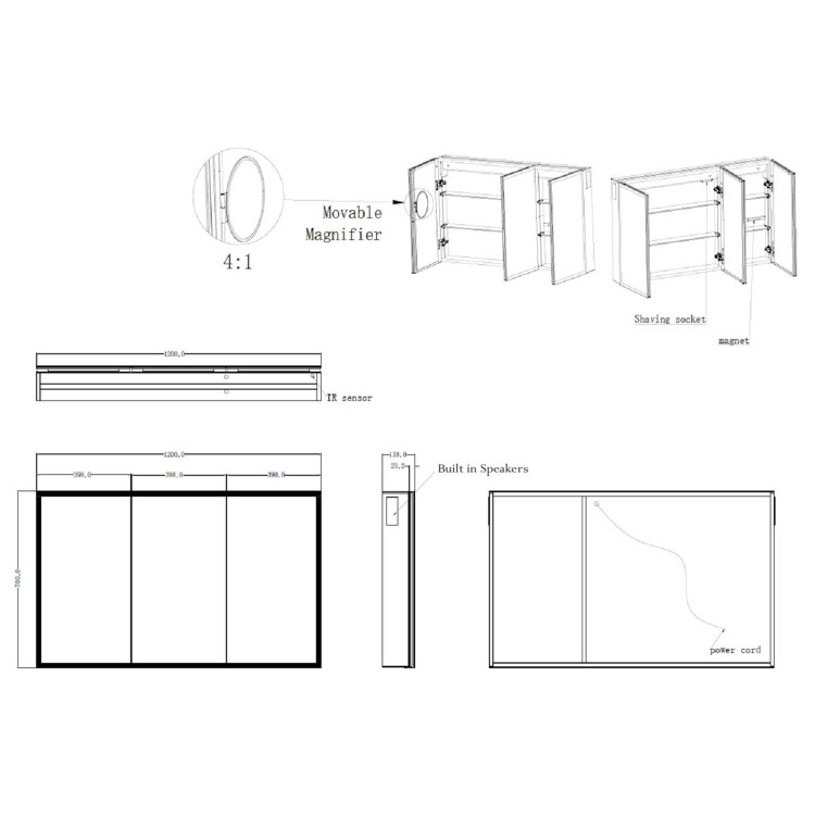 Double Door Chrome Mirrored Bathroom Cabinet with Lights, Bluetooth Speaker & Demister 1200 x 700mm - Ursa