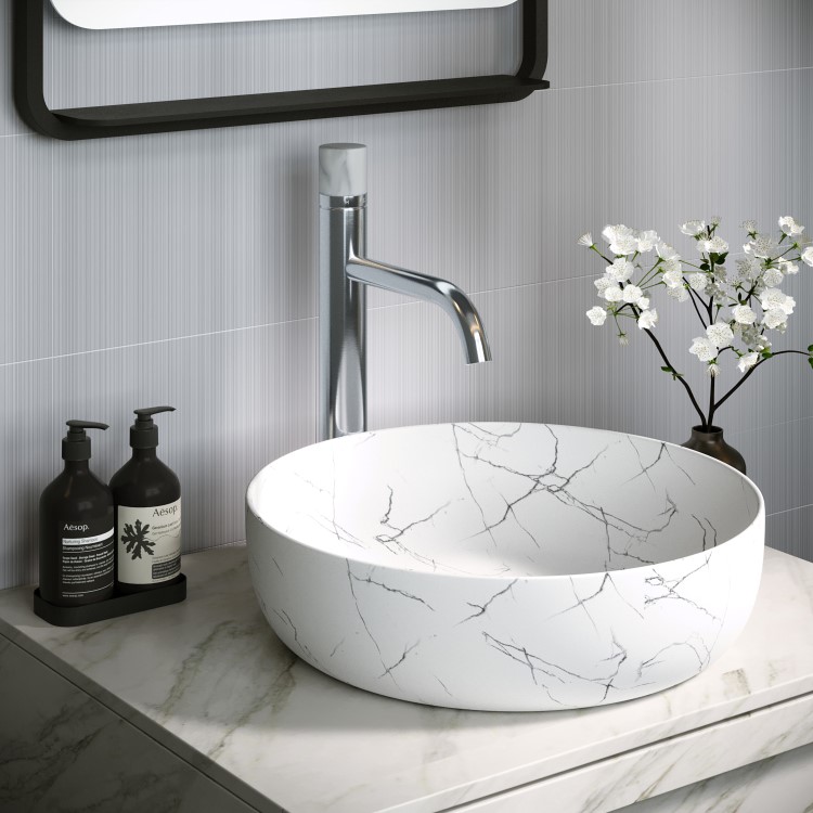 GRADE A1 - Marble Effect White Round Countertop Basin 390mm - Lorano