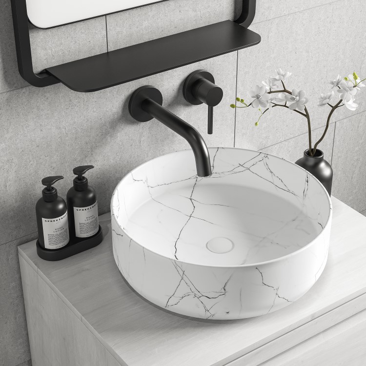 GRADE A1 - Marble Effect White Round Countertop Basin 390mm - Lorano