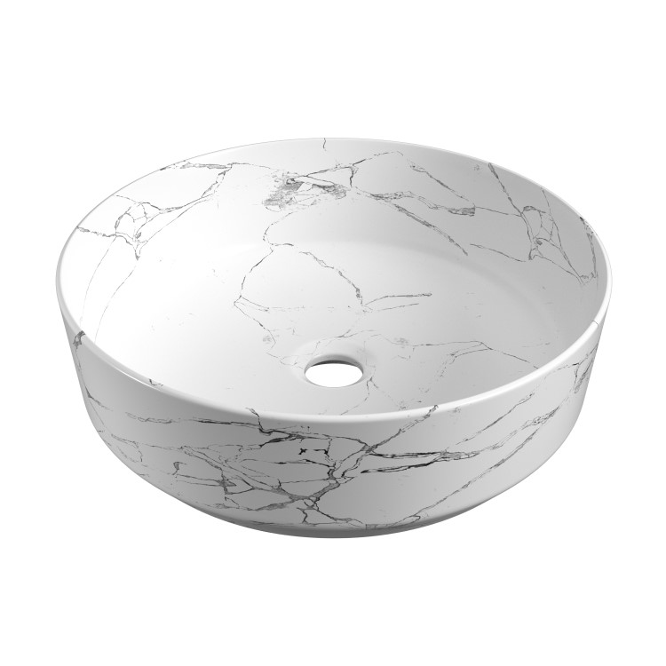 GRADE A1 - Marble Effect White Round Countertop Basin 390mm - Lorano