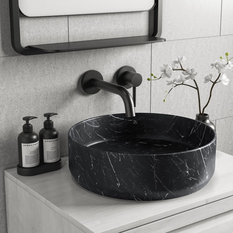 Marble Effect Black Round Countertop Basin 390mm - Lorano