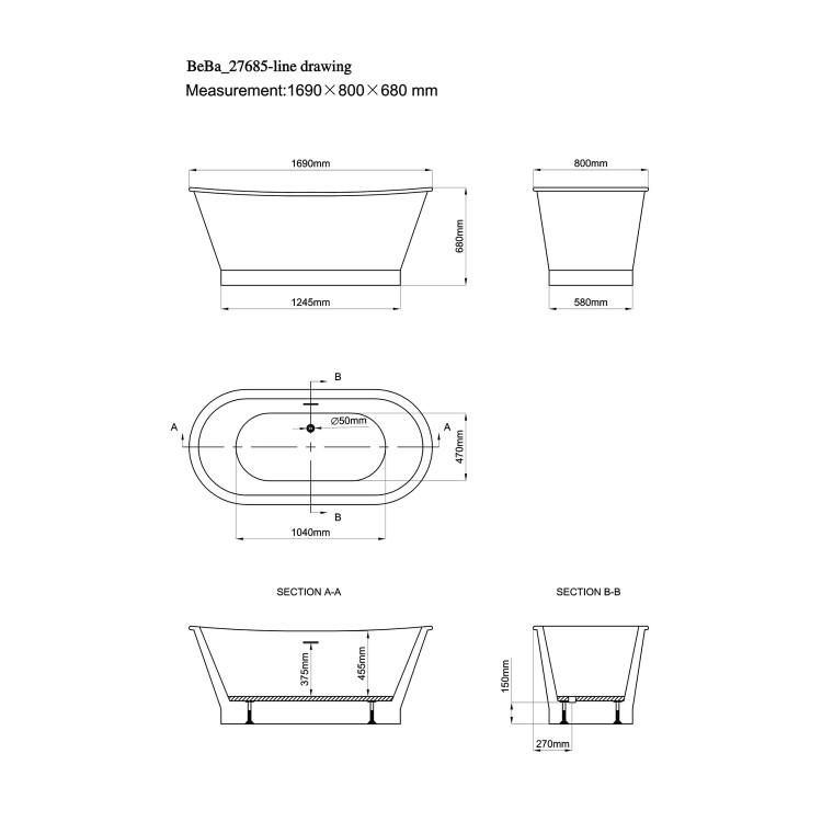 Freestanding Double Ended Roll Top Bath 1690 x 800mm - Helmsley