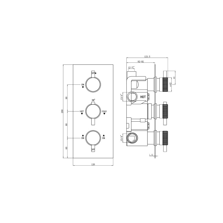 Chrome 3 Outlet Thermostatic Concealed Shower Valve with Triple Control - Chrome