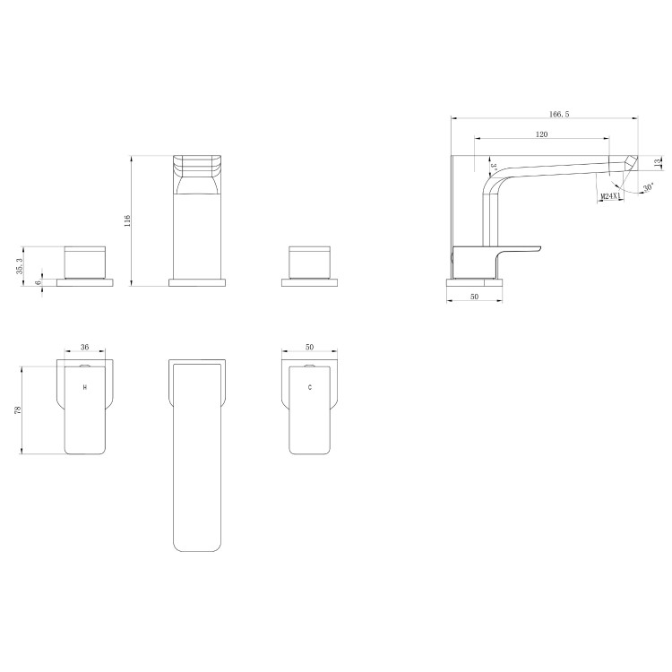 Black Bath Mixer Tap - 3 Tap Hole - Zana