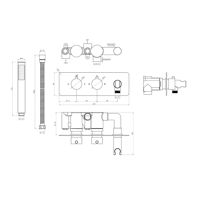 Chrome 2 Outlet Concealed Thermostatic Shower Valve with Hand Shower - Flow