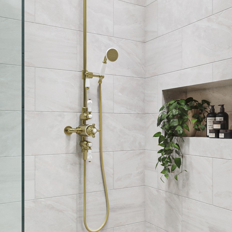 Brushed Brass Traditional Thermostatic Mixer Shower Set with Slide Rail Kit & Hand Shower - Camden